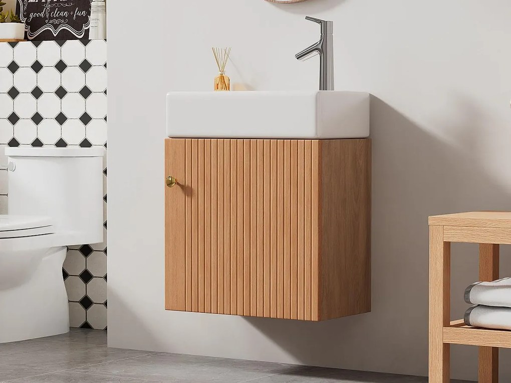 Wisząca szafka łazienkowa z rowkowanym frontem z kwadratową umywalką - 46 cm - Naturalna (bateria nie wchodzi w skład zestawu)