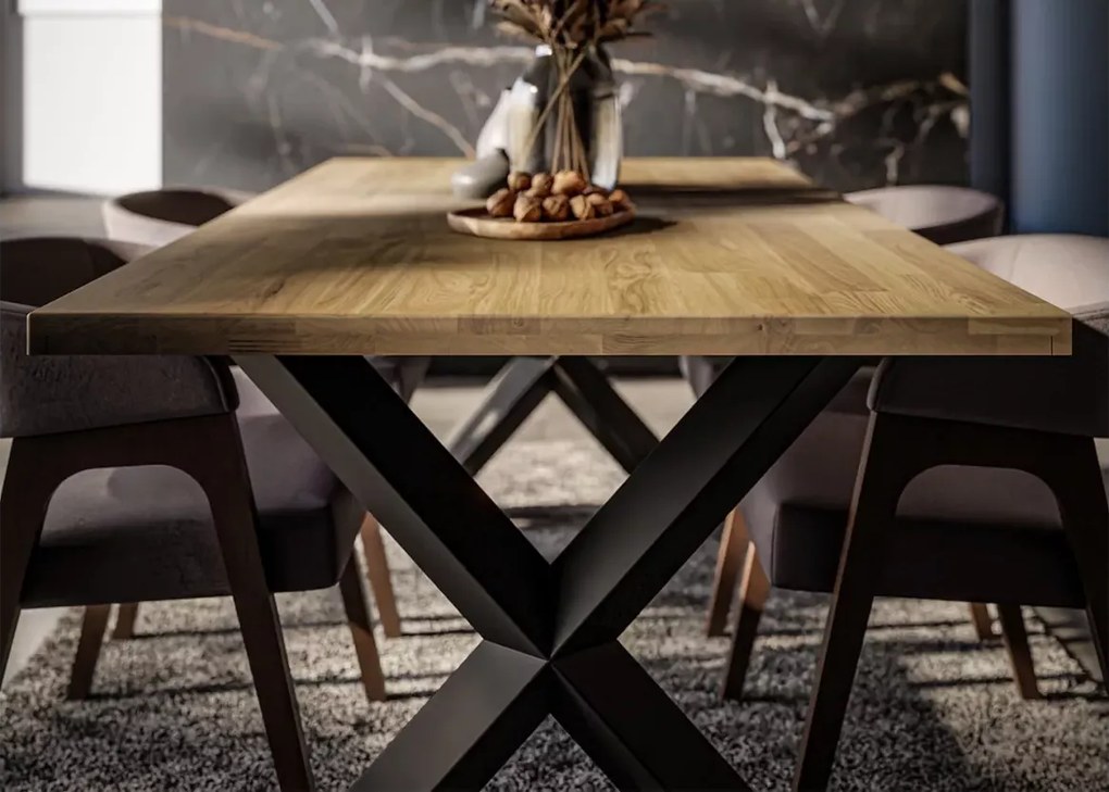 Atlass 180x100 cm – stół z litego drewna dębowego olejowanego z łączeniem finger joint i minimalistyczną stalową czarną podstawą