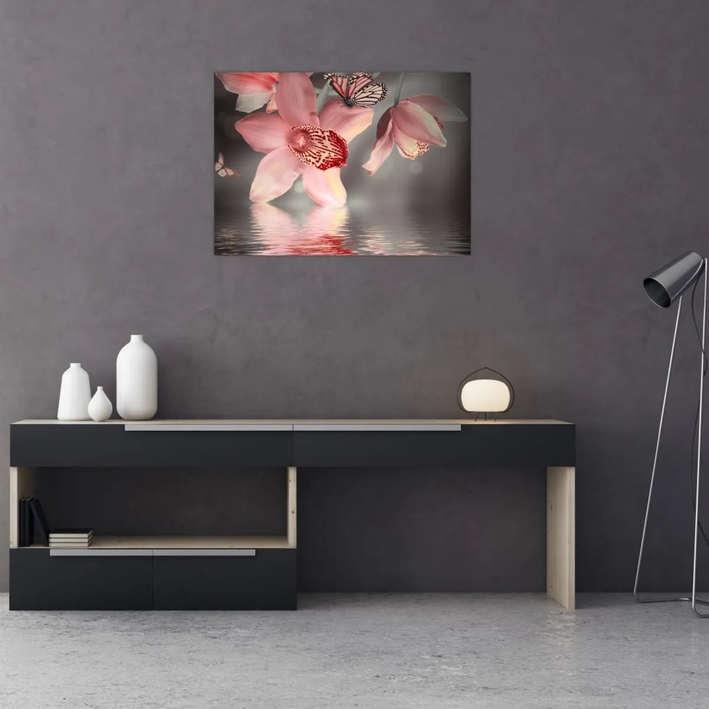 Obraz - Kwiaty i motyl (70x50 cm)