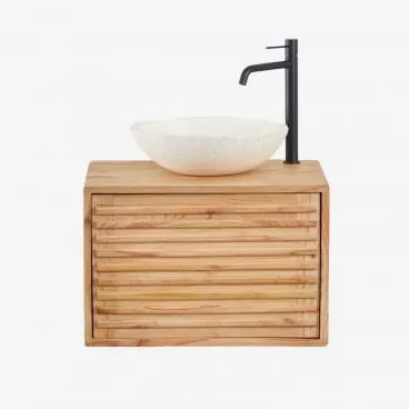 Zestaw Wiszących Mebli Łazienkowych 60x45 Cm Z Drewna Deleyna Naturalna & Cement Okrągły Biały Ø40 Cm Zavion & Bezlusterkowiec & Czarny Matowy ↑30 Cm
