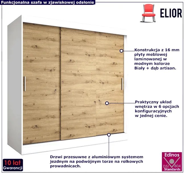Szafa przesuwna 200 cm biały + dąb artisan - Erco 6X