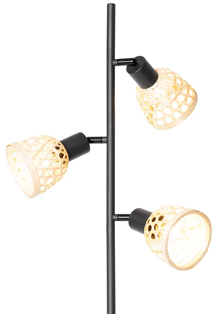 Orientalna lampa podłogowa czarna z bambusowym 3-światłem - RayanKolonialny Oswietlenie wewnetrzne