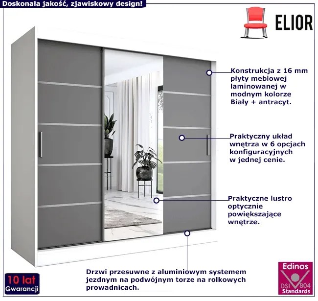 Szafa przesuwna 200 cm biały + antracyt - Marmos 6X