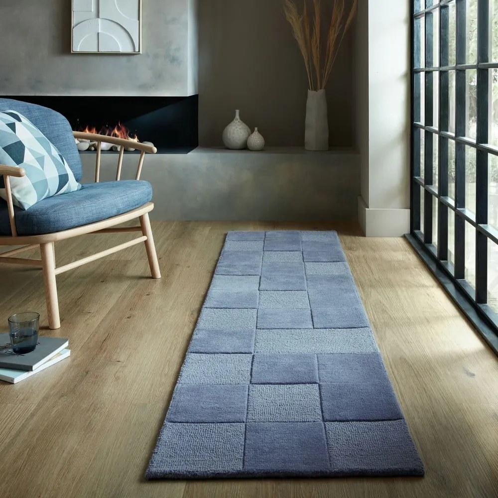 Ciemnoniebieski wełniany chodnik tkany ręcznie 60x230 cm Checkerboard – Flair Rugs