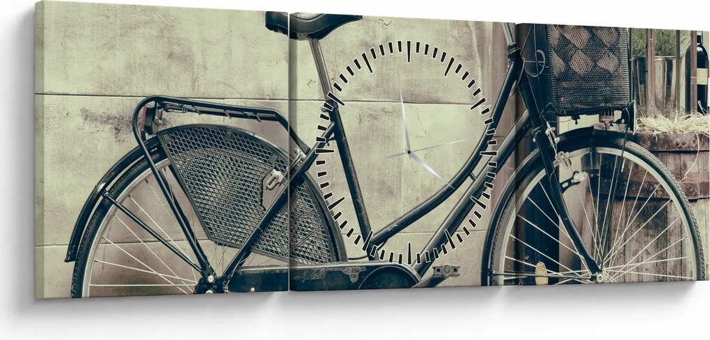 Obraz - Vintage rower z kwiatami (z zegarem) (90x30 cm)