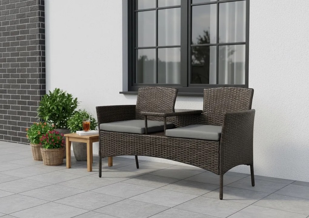 Meble ogrodowe Ratina, dwuosobowa sofa ze stolikiem, kolor brązowy, poduszki szare