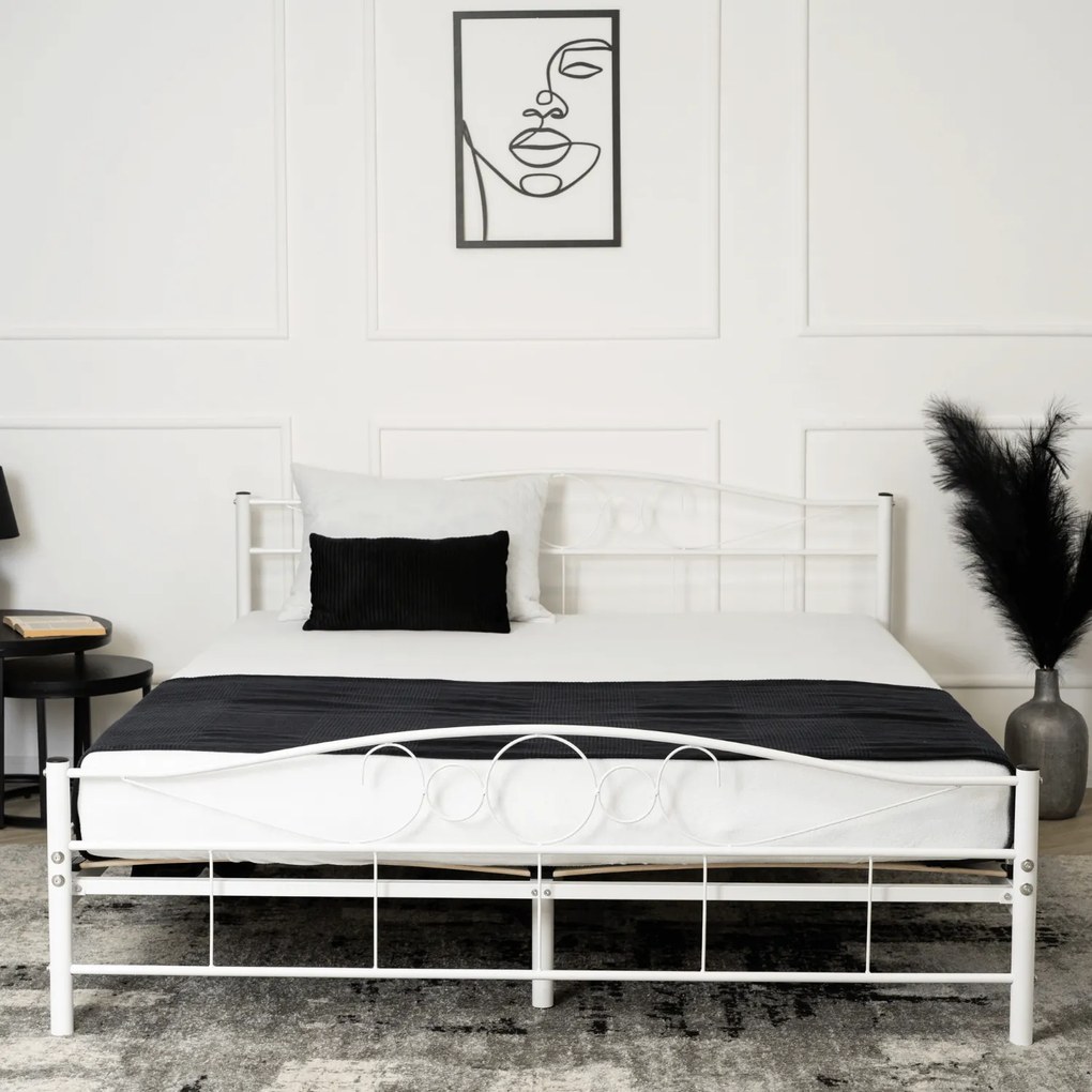 Łóżko Metalowe 160x200 cm ze Stelażem Dwuosobowe GRIFFIN Białe