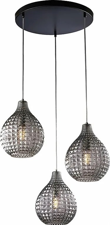Lampa wisząca Diamante w kolorze czarnym z chromowaną ramą, szare lustrzane szkło z efektem kryształu i 3 światłami, nowoczesny styl