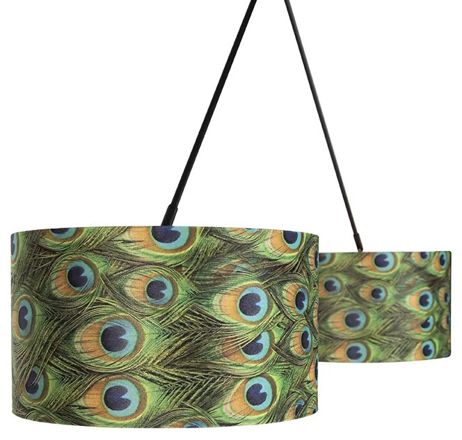 Lampa wisząca czarna z abażurami z aksamitu w kolorze pawia ze złotem 35 cm 2-światłowa - Blitz klasyczny/Antyczny Oswietlenie wewnetrzne