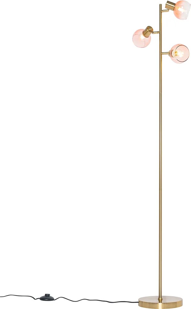 Lampa stojąca art deco złota z różowym szkłem 3-źródła światła - Vidro