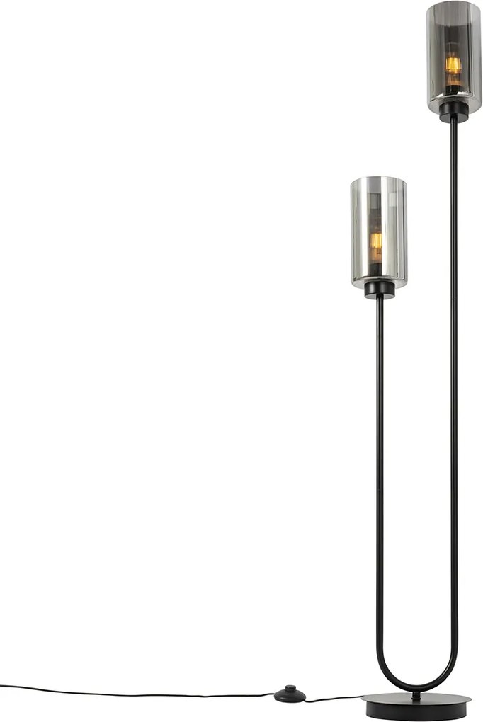 Lampa podłogowa art deco czarna z przydymionym szkłem 2-światła - Laura