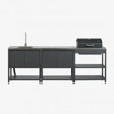 Kuchnia Modułowa Zewnętrzna 3-częściowa Ze Zlewem, Schowkiem I Węglowym Grillem Ze Stali Savona Grafitowa Szarość & Szary Szczotkowany Rintran - Sklum