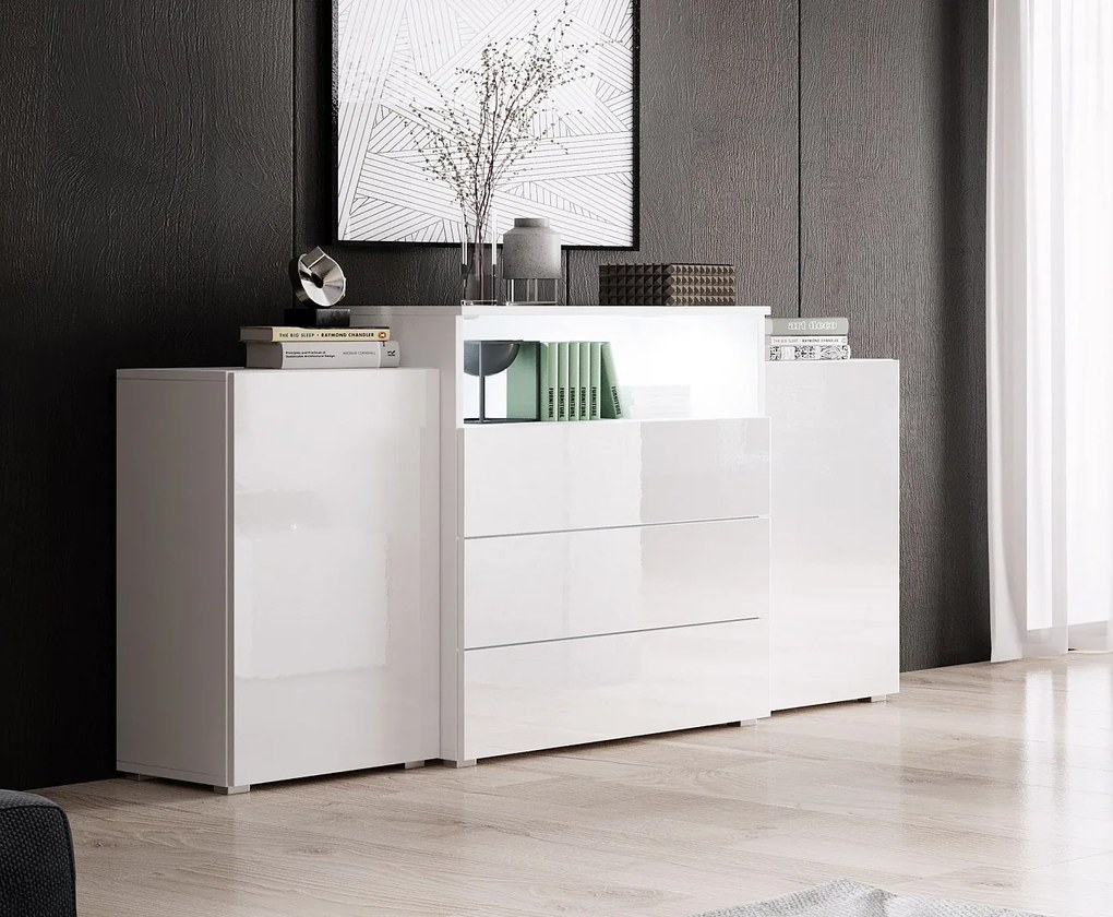 Komoda 150 cm do salonu z LED – nowoczesna stojąca z 3 szufladami, korpus biały mat, fronty biały połysk