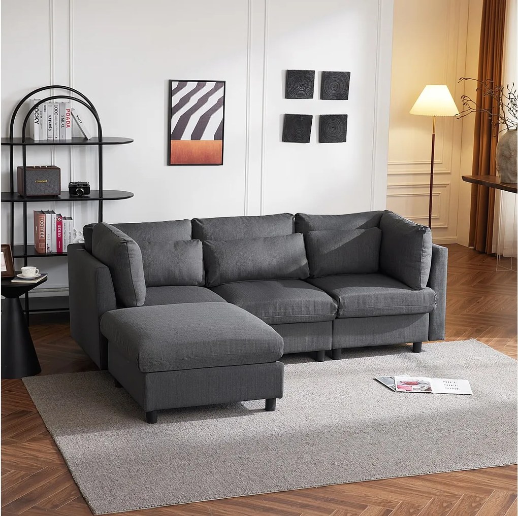 Narożnik prawy z funkcją spania i podnóżkiem - Tkanina lniana - 220 x 83 x 81 cm - Szary