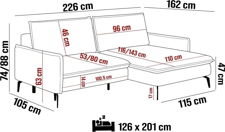 Narożnik GLOSSY z funkcją spania Lewostronny zestaw z poduszkami wolnostojący tkanina BUBBLE 12 WERSAL