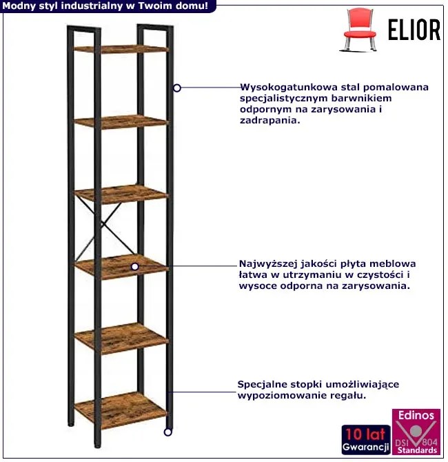 Wąski Regał Z 6 Półkami W Stylu Loft Rustykalny Brąz K2-H05