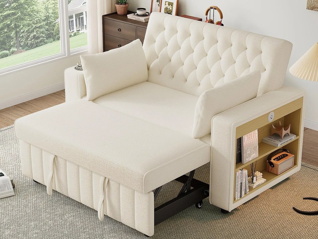 Nowoczesna składana sofa dla 2 osób - z uchwytami na napoje - z portami ładowania USB - z poduszkami - tkanina welurowa - beżowy