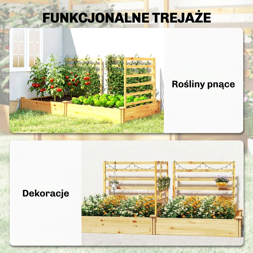 Outsunny Podwyższone grządki z kratką drewniana skrzynia na rośliny z 3 kratkami przegrodą i otwartym dnem 240 x 125 x 102 cm drewno naturalne | Aosom PL