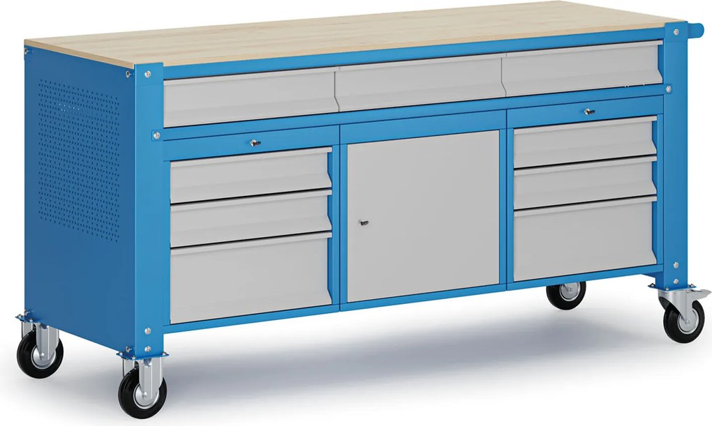 Mobilny stół warsztatowy G9, 1 szafka, 9 szuflad, 1690 x 595 x 865-1130 mm, szary/niebieski