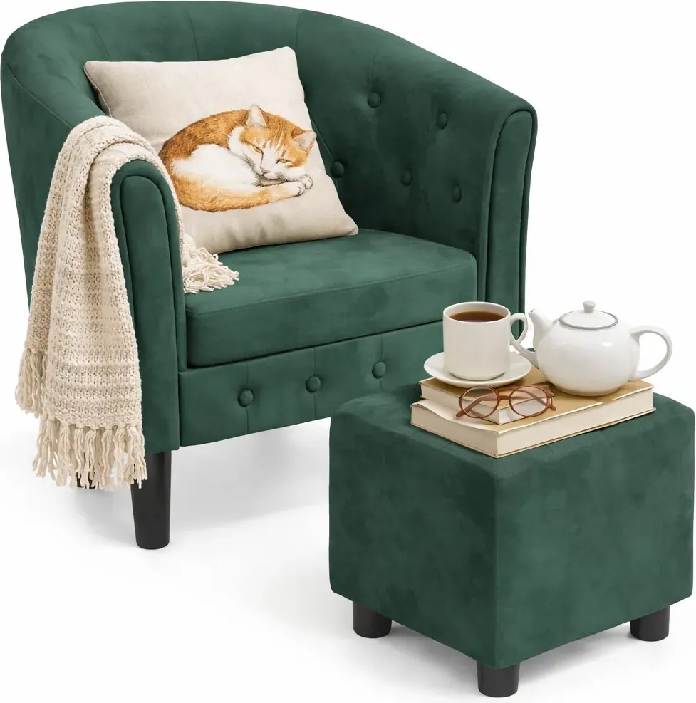 Ciemnozielony welurowy fotel z podnóżkiem T0-B26