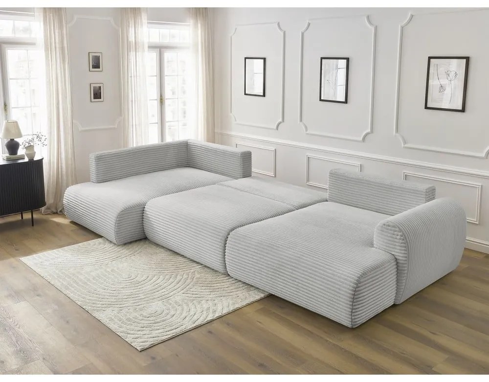 Jasnoszary sztruksowy rozkładany/ze schowkiem narożnik (lewostronny/w kształcie litery U) Lucien – Bobochic Paris