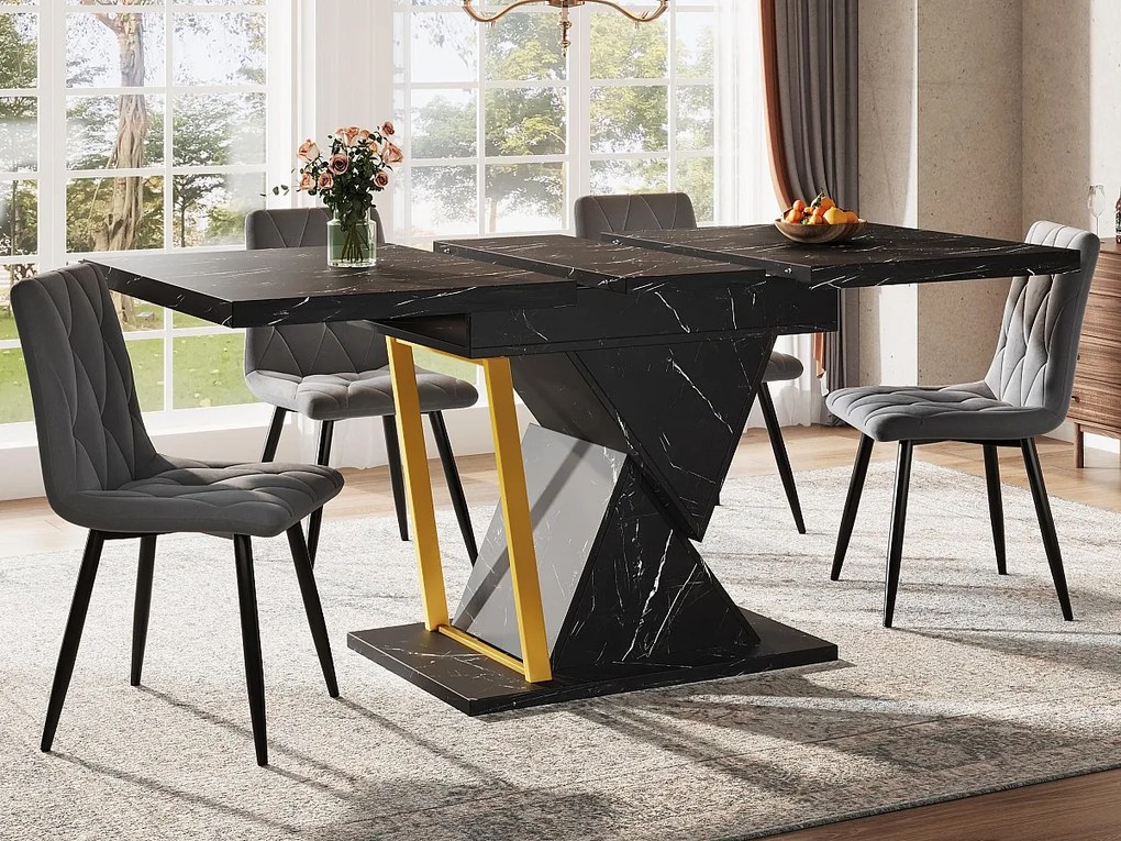 Stół rozsuwany 110/140x80x76 cm - Na 6 osób - MDF + metal - Wzór marmuru - Czarny
