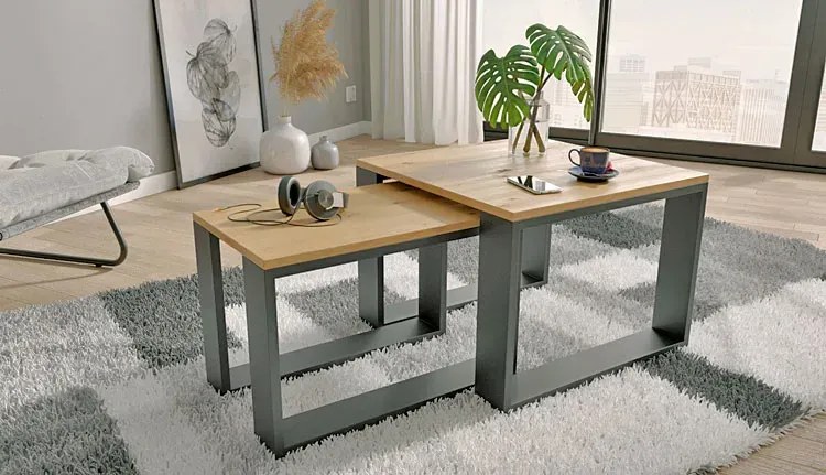 Dwa loftowe stoliki kawowe dąb artisan + czarny - Kotis 3X