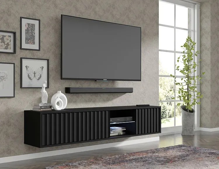 Czarna frezowana wisząca szafka pod Tv - Solveno