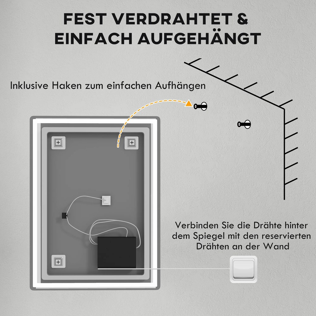 HOMCOM Oświetlenie Łazienkowe LED z Regulacją Jasności i Przełącznikiem Dotykowym 80x60cm Wodoodporne | Aosom PL