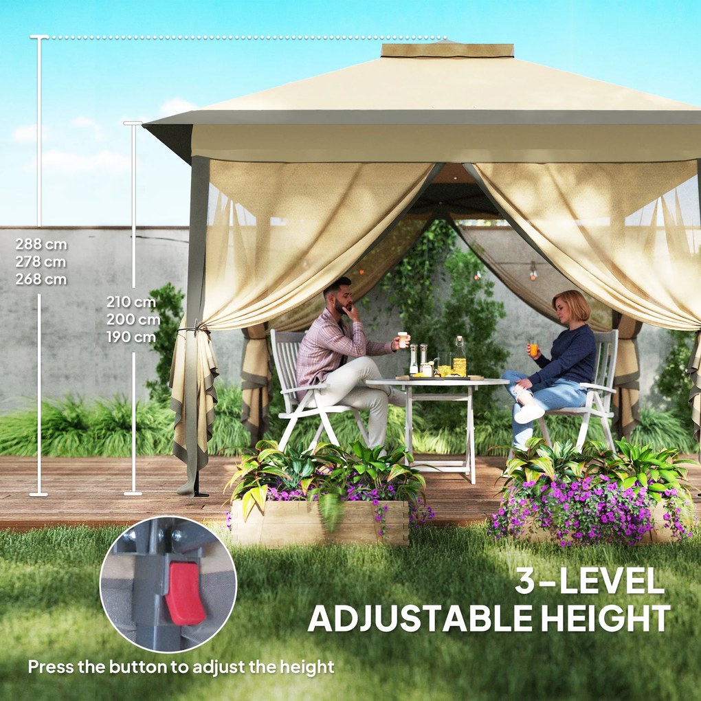 Outsunny Składany Pawilon, Ogrodowy Pawilon, Metal i Planowany Materiał, Zasłony z Siatki, Otwory Odpływowe, 330 dł. x 330 szer. x 288 wys. cm, Beżowy