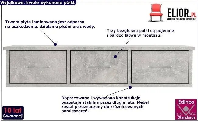Półka ścienna z szufladami Malino 3X - szarość betonu