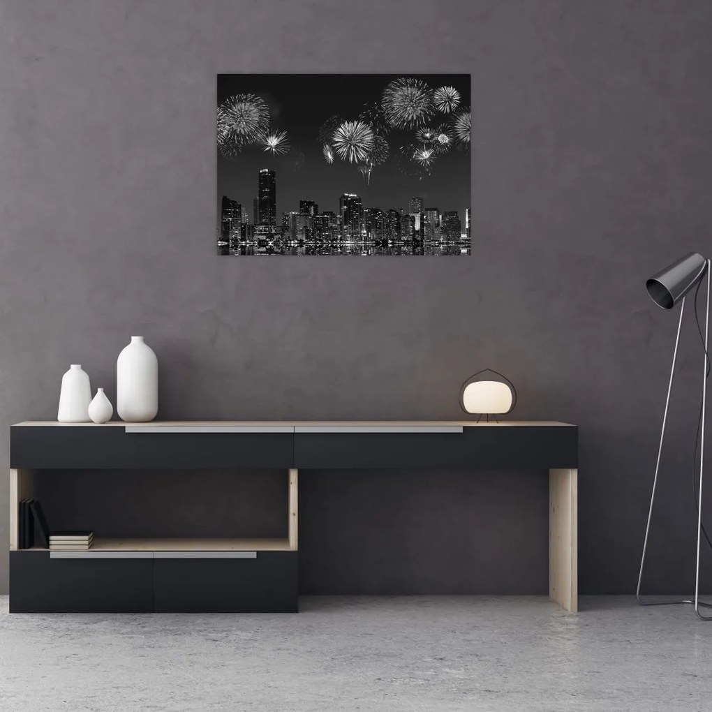 Obraz - Fajerwerki w Miami, czarno - białe (70x50 cm)