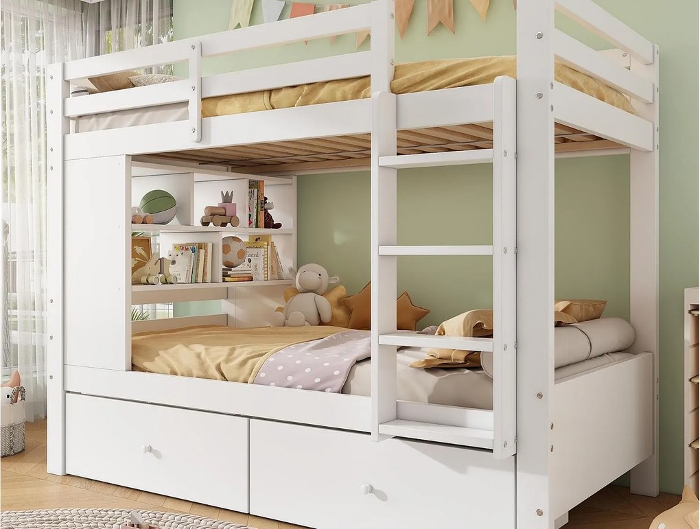 Łóżko piętrowe dziecięce 90x200 cm - z 2 szufladami i drabinką - z otwartymi półkami - Drewno lite + MDF - Biały (bez materaca)