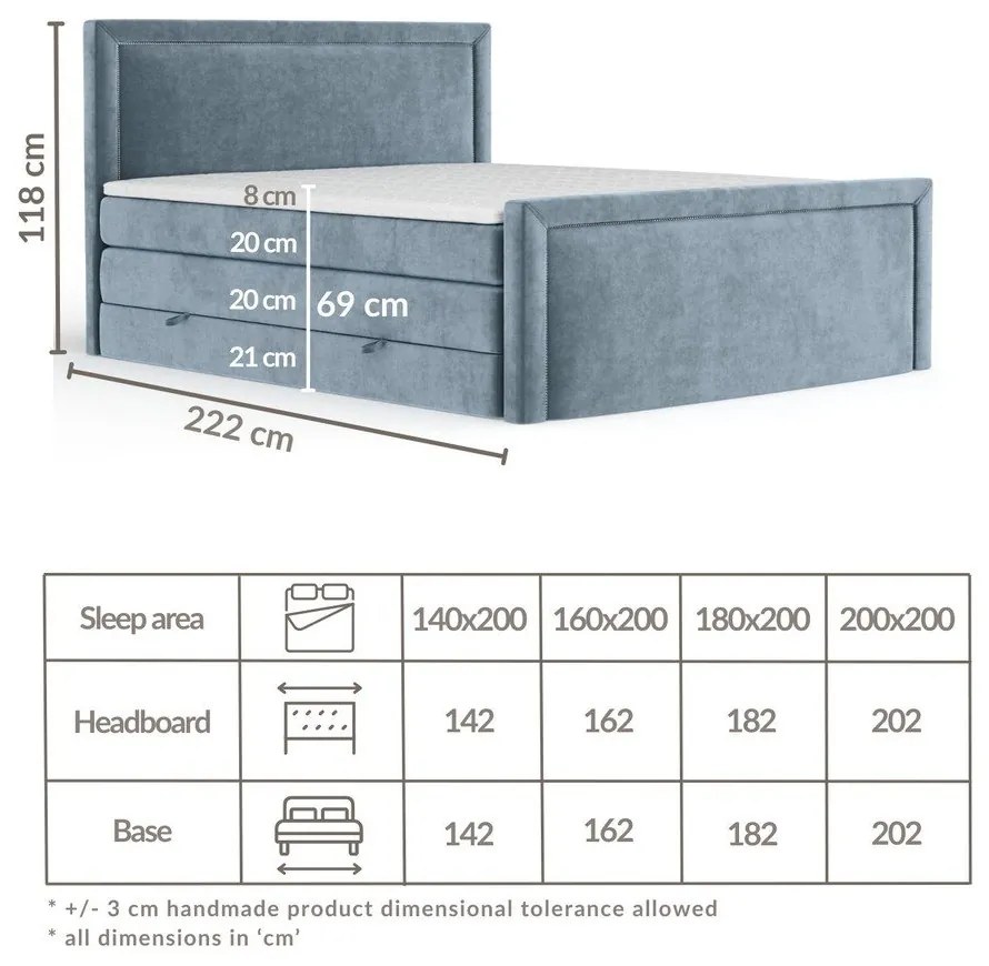 Niebieskie łóżko kontynentalne ze schowkiem 200x200 cm Lavenda – Maison de Rêve