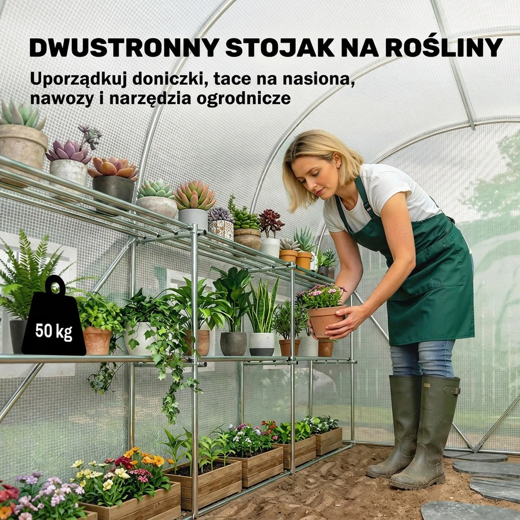 Outsunny Szklarnia foliowa 2,7 x 2 x 2 m z półkami, rolowanymi drzwiami, 6 oknami, wspornikami | Aosom PL
