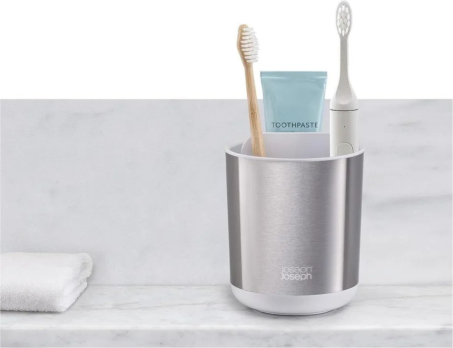 Kubek na szczoteczki do zębów ze stali nierdzewnej w kolorze srebra Duo Steel – Joseph Joseph