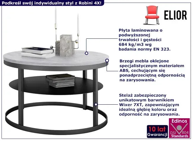 Okrągły stolik kawowy z półką czarny + beton - Robini 4X