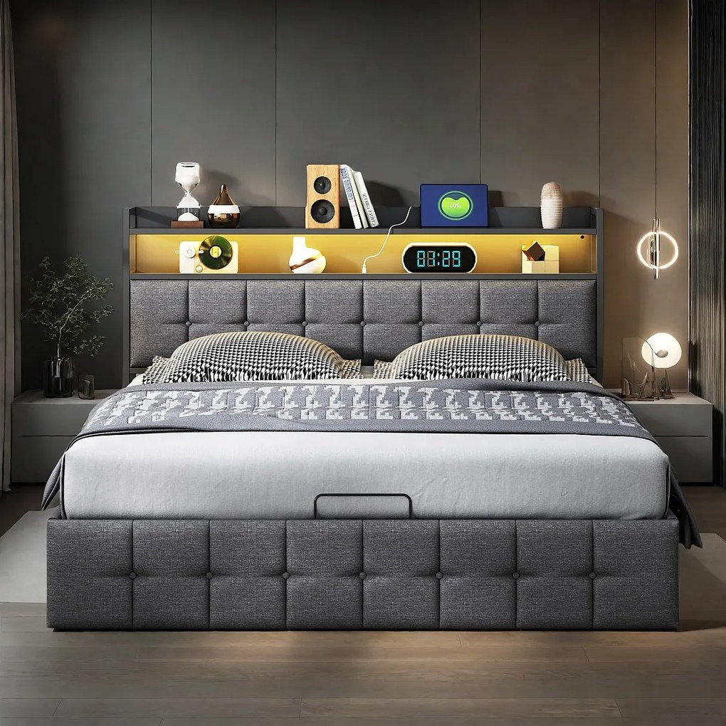 Łóżko z pojemnikiem 140x200 cm szare z LED, hydraulicznym schowkiem, wielofunkcyjnym zagłówkiem i stelażem – Styl skandynawski