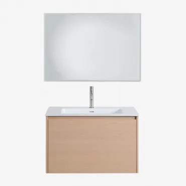 Zestaw Wiszących Mebli Łazienkowych 80x50 Cm Z Drewna Zintegrowany Z Umywalką Jacob Naturalna & Prostokątna Lampa Led - Sklum