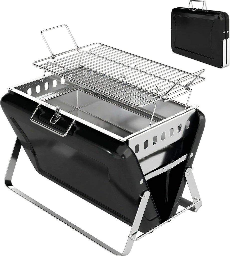 Outsunny Grill na węgiel drzewny ze stali nierdzewnej BBQ Smoker z rusztem, uchwytem, składanymi nogami do grillowania na tarasie, campingu 40x28x25,5 cm czarny | Aosom PL