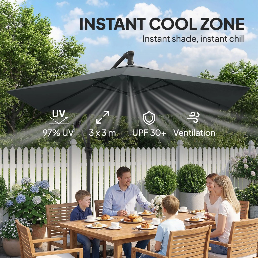 Outsunny Parasol ogrodowy ok. Ø300 cm z mechanizmem blokującym, korbą i obciążnikami, ciemnoszary | Aosom PL