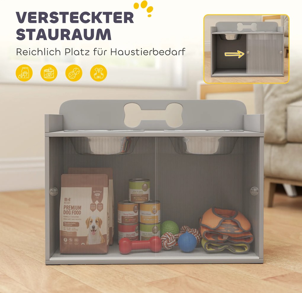 PawHut Podwyższona stacja karmienia z 2 miskami i szafką, MDF, stal nierdzewna, motyw kości, szary