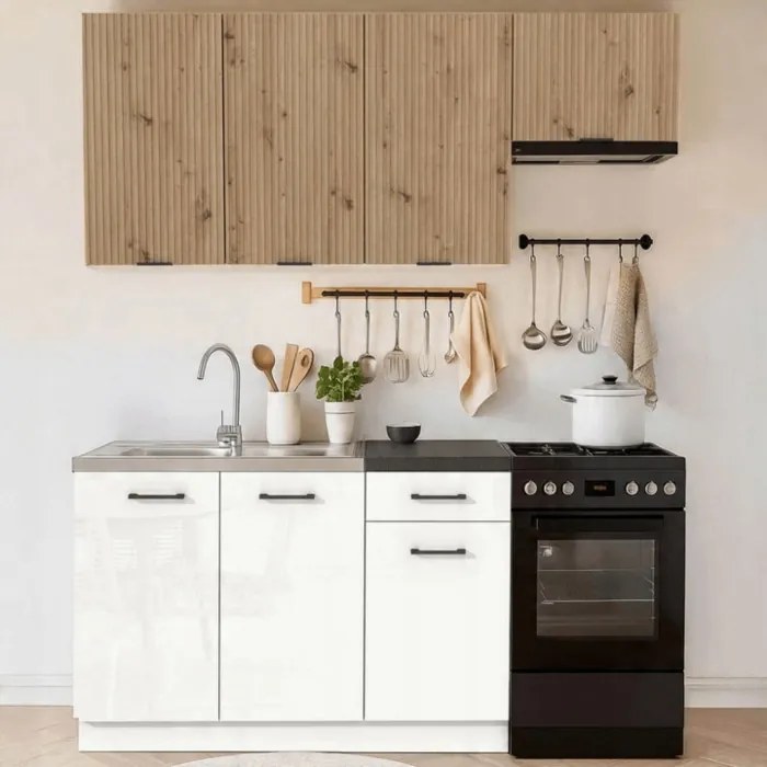 Zestaw Mebli Kuchennych MODERN 170 cm Dąb Artisan/Biały Połysk Ryflowany Nowoczesny