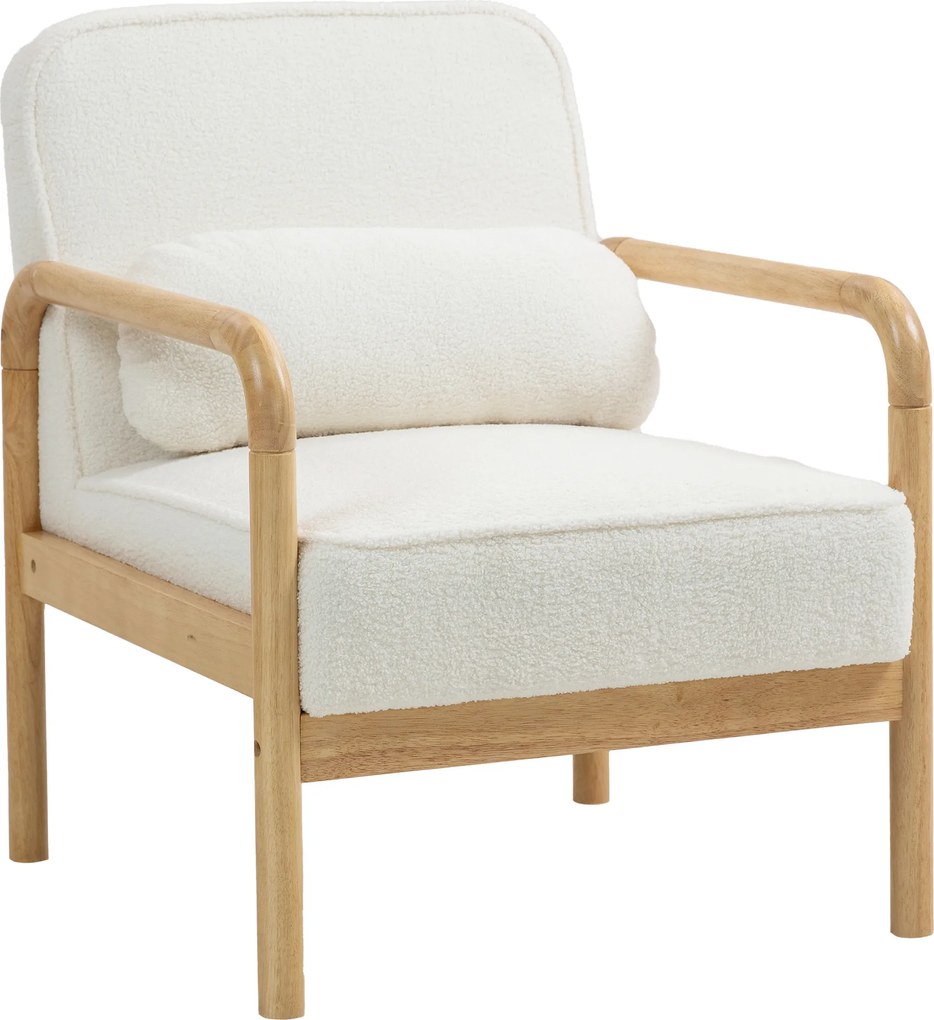 HOMCOM Fotel Akcentowy, Tapicerowany Fotel z Tkaniny, Rama z Drewna Kauczukowego, Nowoczesny Fotel z Poduszką, Biały