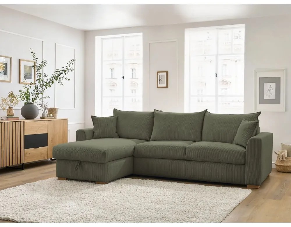 Zielony sztruksowy rozkładany narożnik (strona zmienna) Augustin – Bobochic Paris