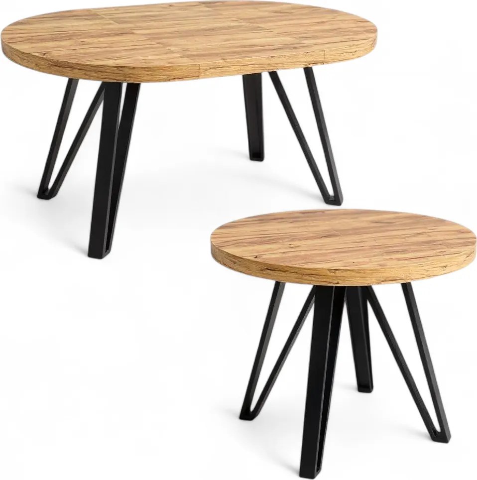 Stół okrągły Dąb Craft + Czarny Metal Industrial Ø90/190 cm