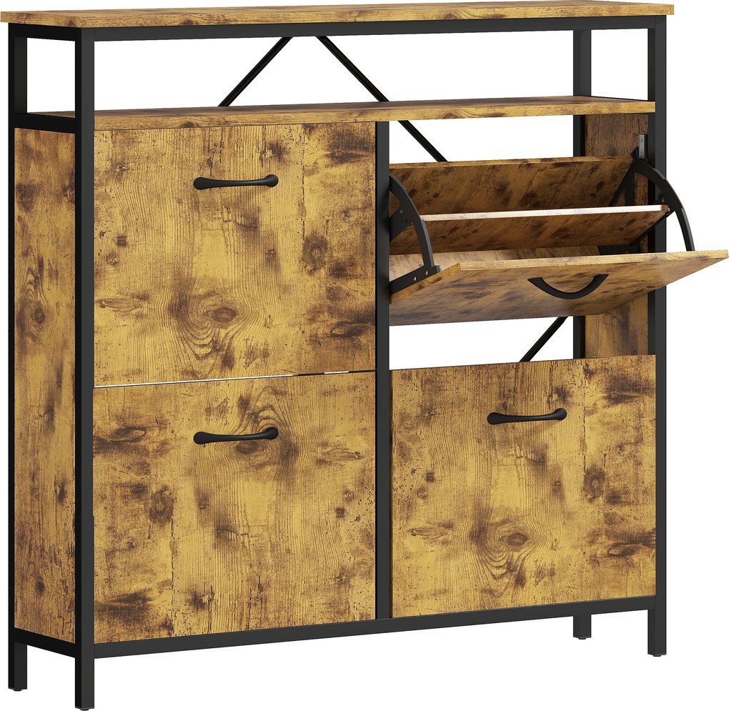 HOMCOM Szafka na buty z 4 składanymi szufladami, smukły design, otwarta półka, dla 12-20 par butów, stal, brązowy