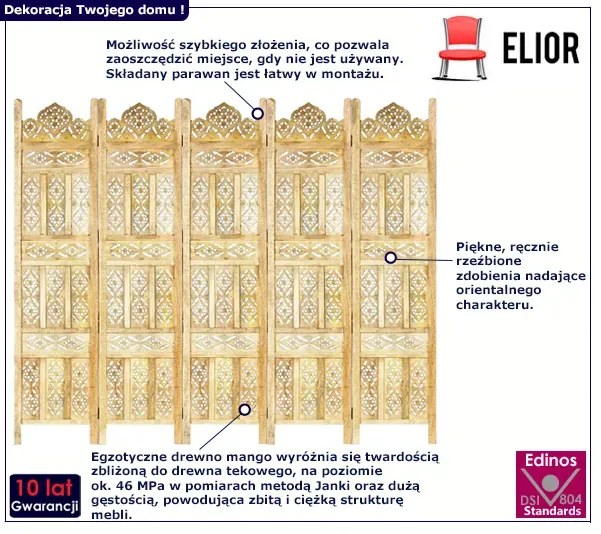 Parawan z litego drewna mango - Peris 200 x 165 cm