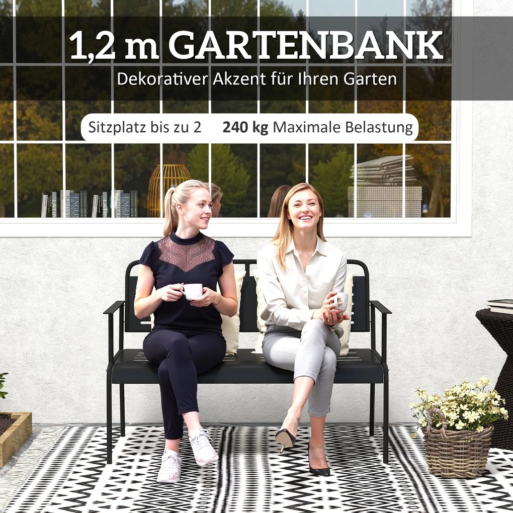 Outsunny Ławka Ogrodowa 2-osobowa, Odporna na Wodę z Oparciem i Podłokietnikami 121 x 64 x 84cm, Czarna