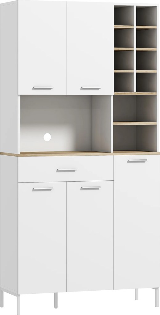 HOMCOM Szafka kuchenna z otwartymi regałami, przegródkami, stojak na wino, schowek z 5 drzwiami, MDF, Biały